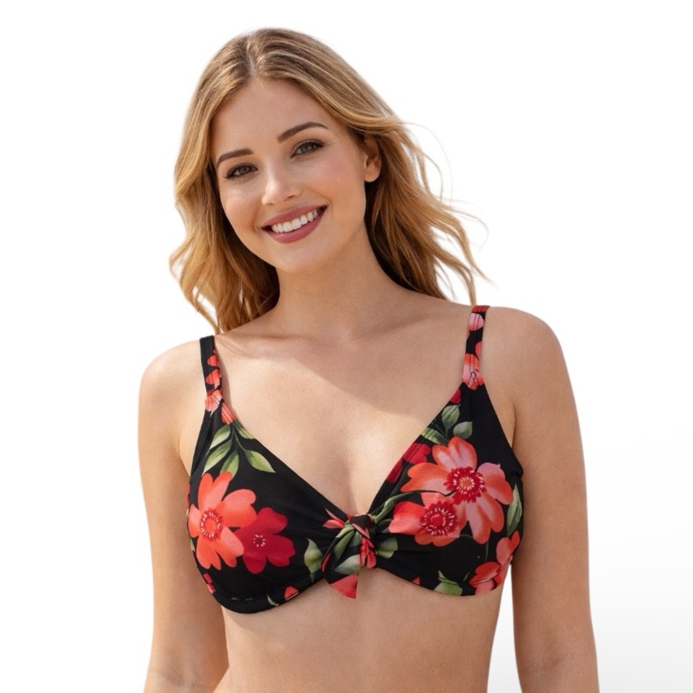 Lands End Floral UW Knotted Floral Bikini Swim Top Sz 32 B/C Red Black NEW